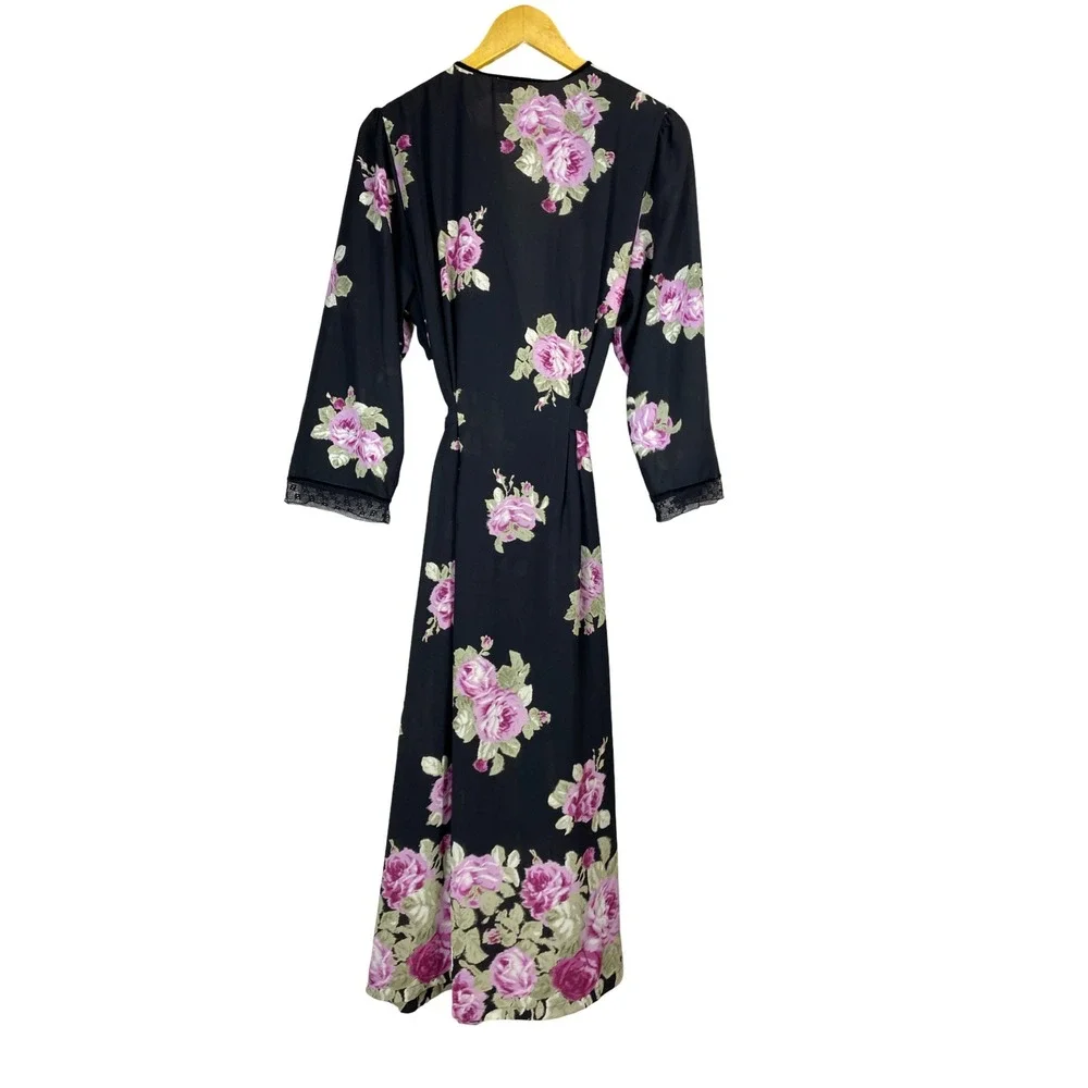 Vintage Oscar de la Renta Pink Label Floral Wrap Robe Rose Chiffon Lace Maxi M